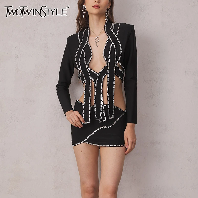 

TWOTWINSTYLE Solid Spliced Diamonds Two Piece Set For Women V Neck Long Sleeve Top High Waist Mini Skirt Irregular Sets Female