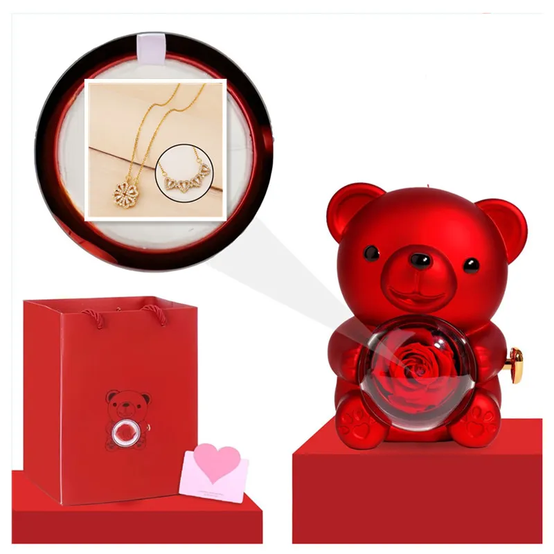 

Вечная роза с мультяшным медведем на День святого Валентина, шкатулка для драгоценностей, ожерелье, свадебный специальный подарок на день матери, подарок, кольцо, украшение коробки