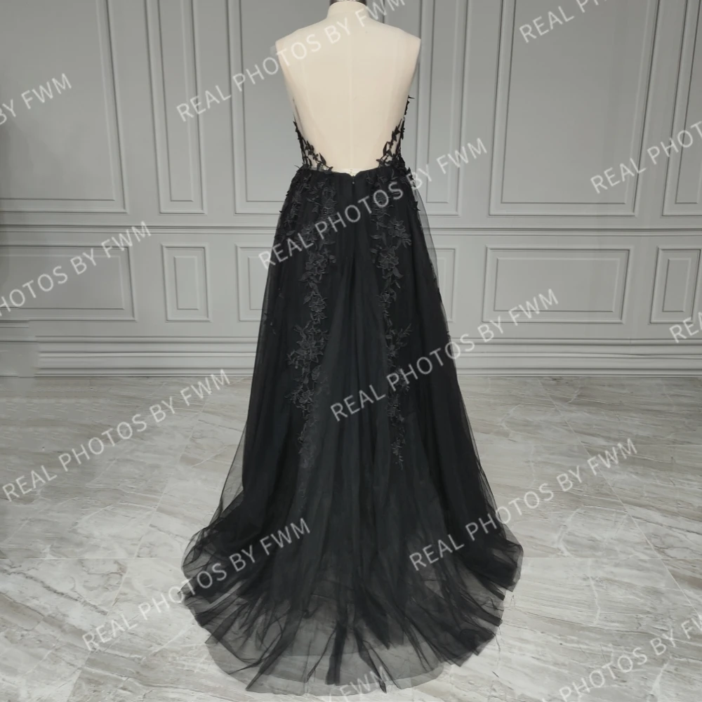 15498 #   Vestido de novia gótico negro con foto Real, vestido de novia Sexy con abertura lateral, vestido de novia de tul sin espalda personalizado de talla grande