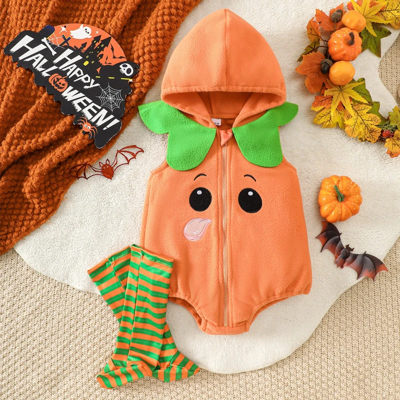 2026 New Cute Pumpkin Shaped Cute One Piece Halloween Party Clothes and Socks Set for Infants and Young Children