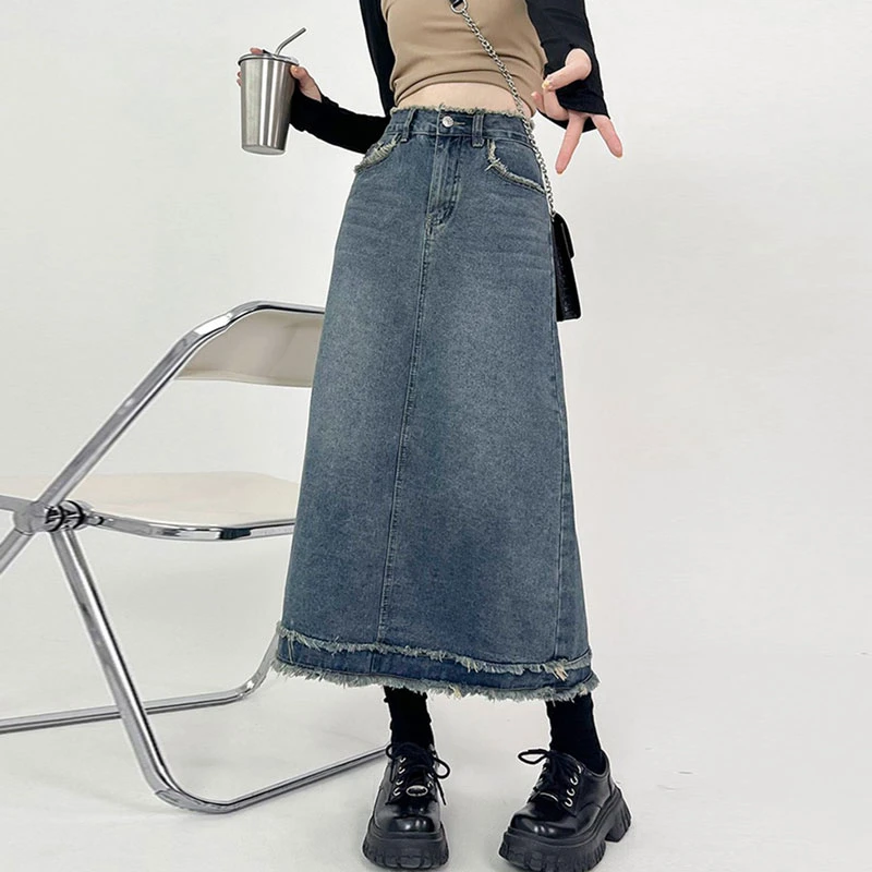 Splicing Denim Skirt for Women 2024 High Waited Burr A-Line Skirt Korean Blue Skirts Spring Fashion Length Skirts