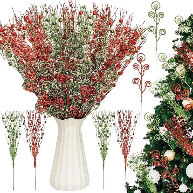 8/16Pcs Glitter Artificial Berry Branches Christmas Tree Picks Xmas Wreath Accessories Navidad Party Home Table Decor Supplies