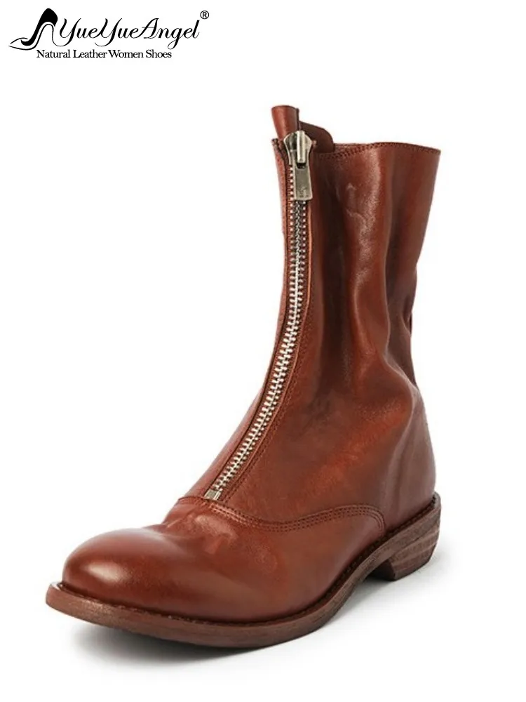 Female Genuine Leather Pointed Toe Chunky Heel Mid Height Boots Versatile Solid Color Horsehide Zipper Footwear