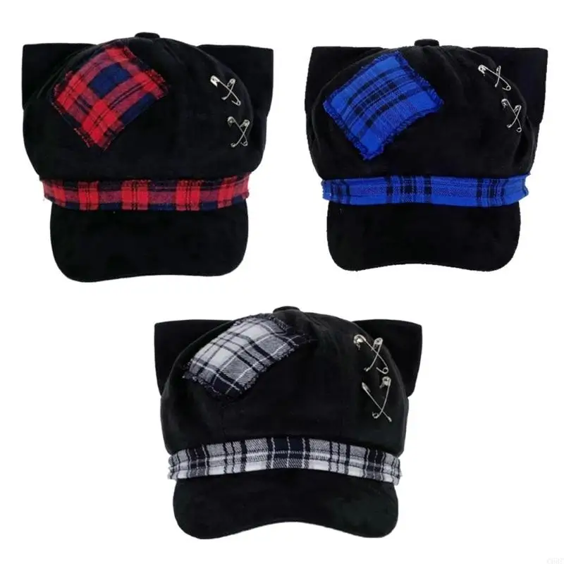 

C63C Punk British Elegant Painter Hat Plaids Fashion Kitten Ear Cabbie Hat for Outdoor Walk Club Cabbie Hat