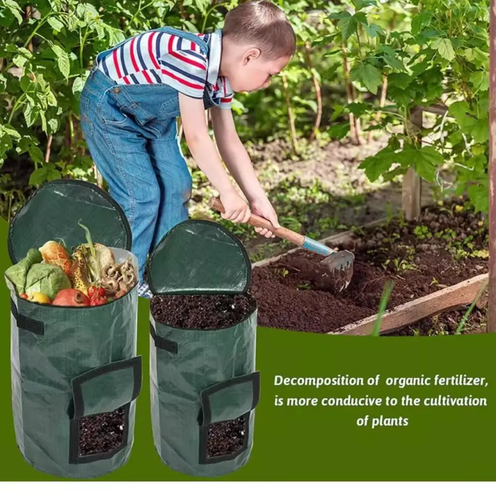 Portable Garden Compost Bin Reusable Organic Waste Bag With Viewing Window Lid Durable Backyard Fertilizer Storage Pouch