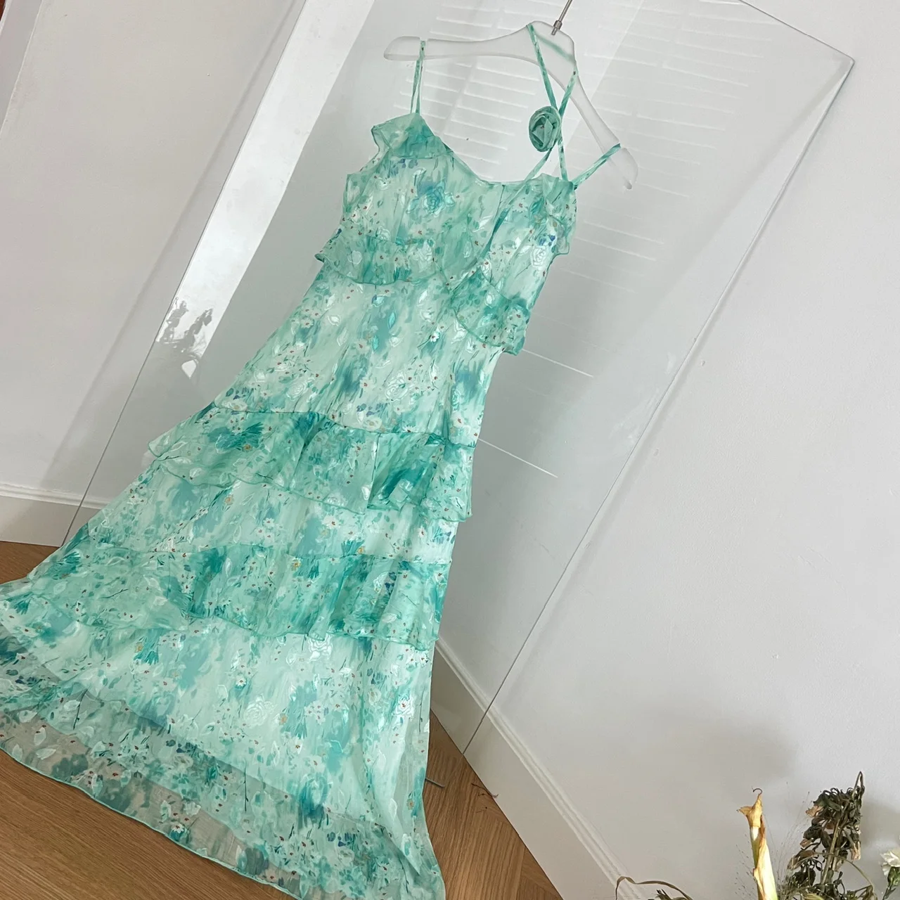 여름 섹시 하이웨이스트 러플 플리츠 파티 드레스 보헤미안 빈티지 여성 그린 플로럴 엘레강스 백리스 휴가 슬립 롱 드레스