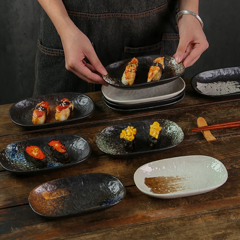 Pretty Oval Ceramic Sushi Dishes Seasoning Plates Sashimi Snack Cold Dish High Temperature Porcelain Tableware Table Decoration