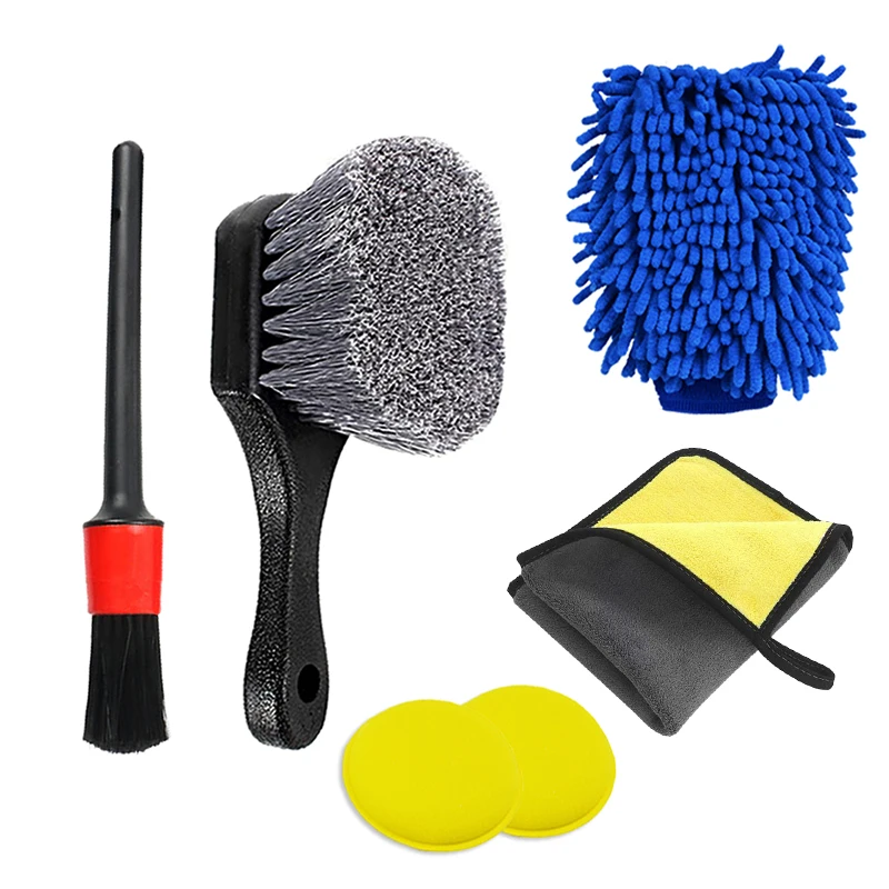 6Pcs Car Cleaning Brush Set Detailing Brushes Wash Towel Kit Universal Wet and Dry Car Air Vent Wheel Tire Cleaning Accessories