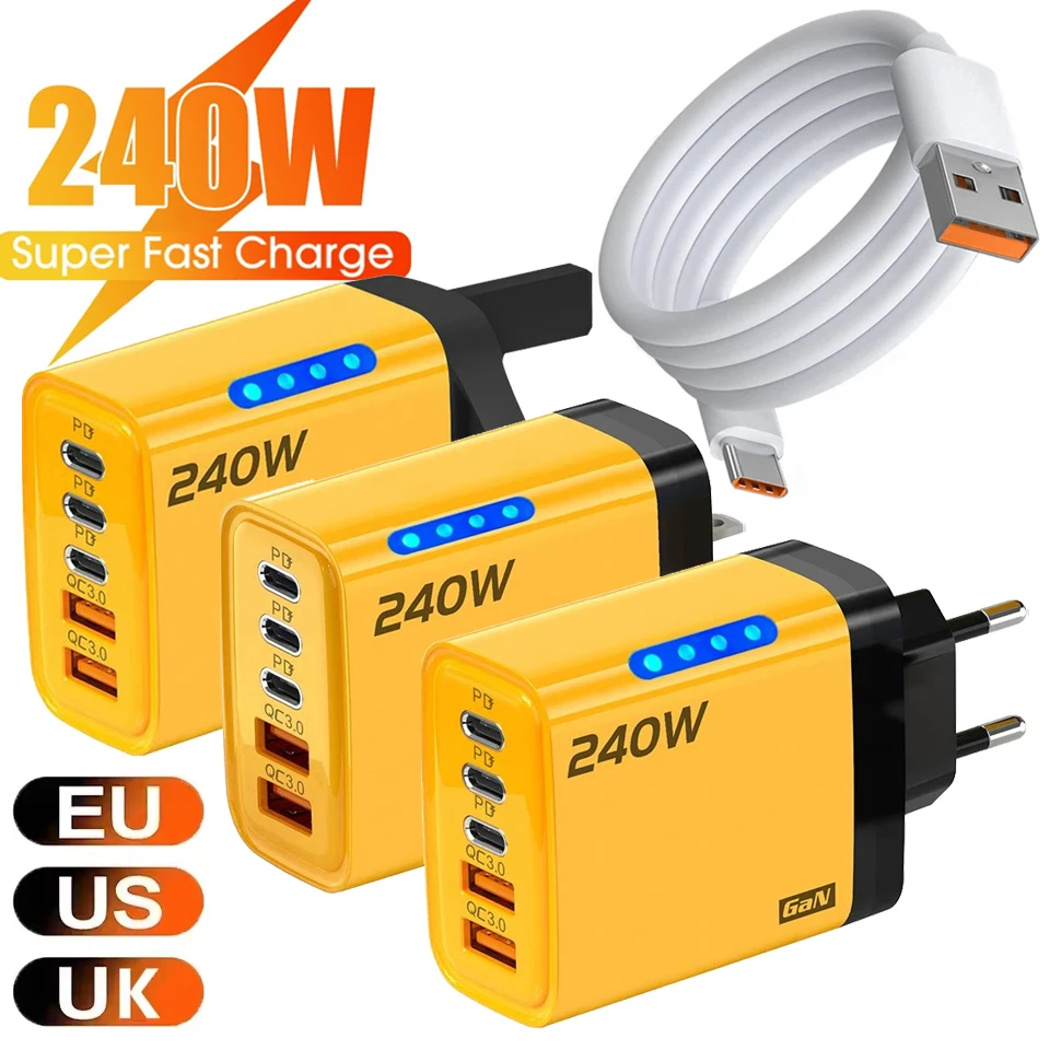 5 Port USB C PD Fast Charger Adapter 240W Quick Charge 3.0 for iPhone 17 16 15 Samsung Xiaomi Huawei Type C Phone Wall Chargers