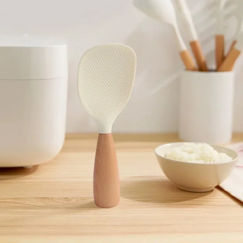 1Pcs Silicone Rice Spoon Kitchen Utensils Cooking Ladle Rice Spatula Korean Rice Paddle Spoon Reusable Scoop Wood Handle