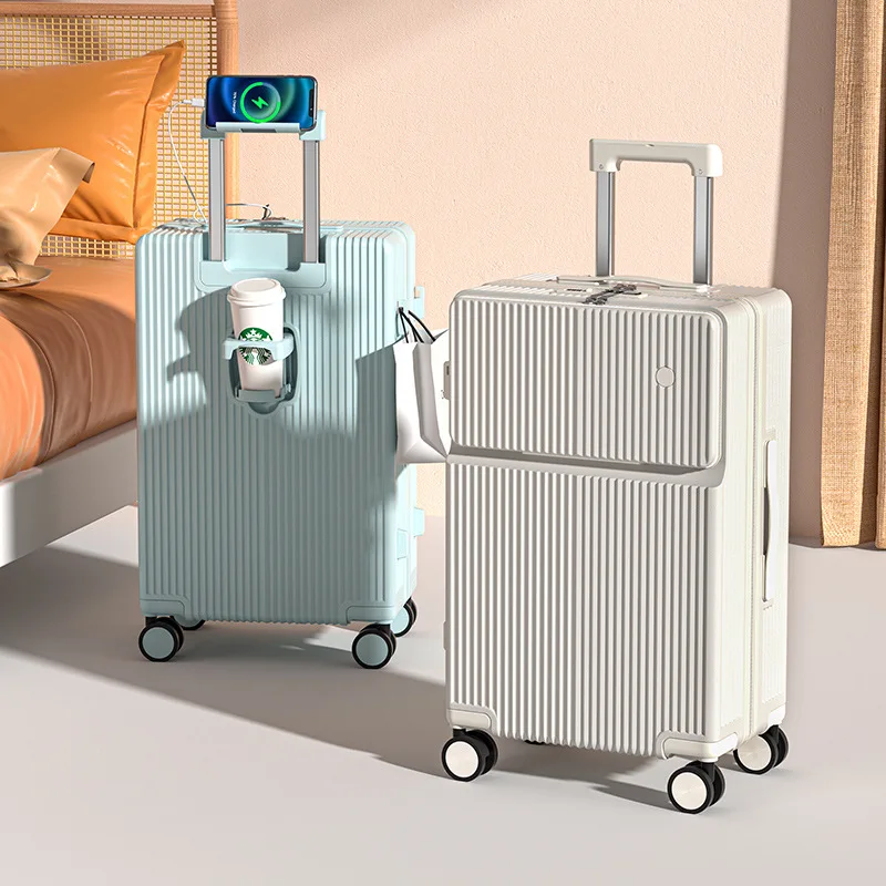 Front Half Opening Multifunction Suitcase with Water Cup Holder Universal Wheel Luggage 20 inch Boarding Trolley Case