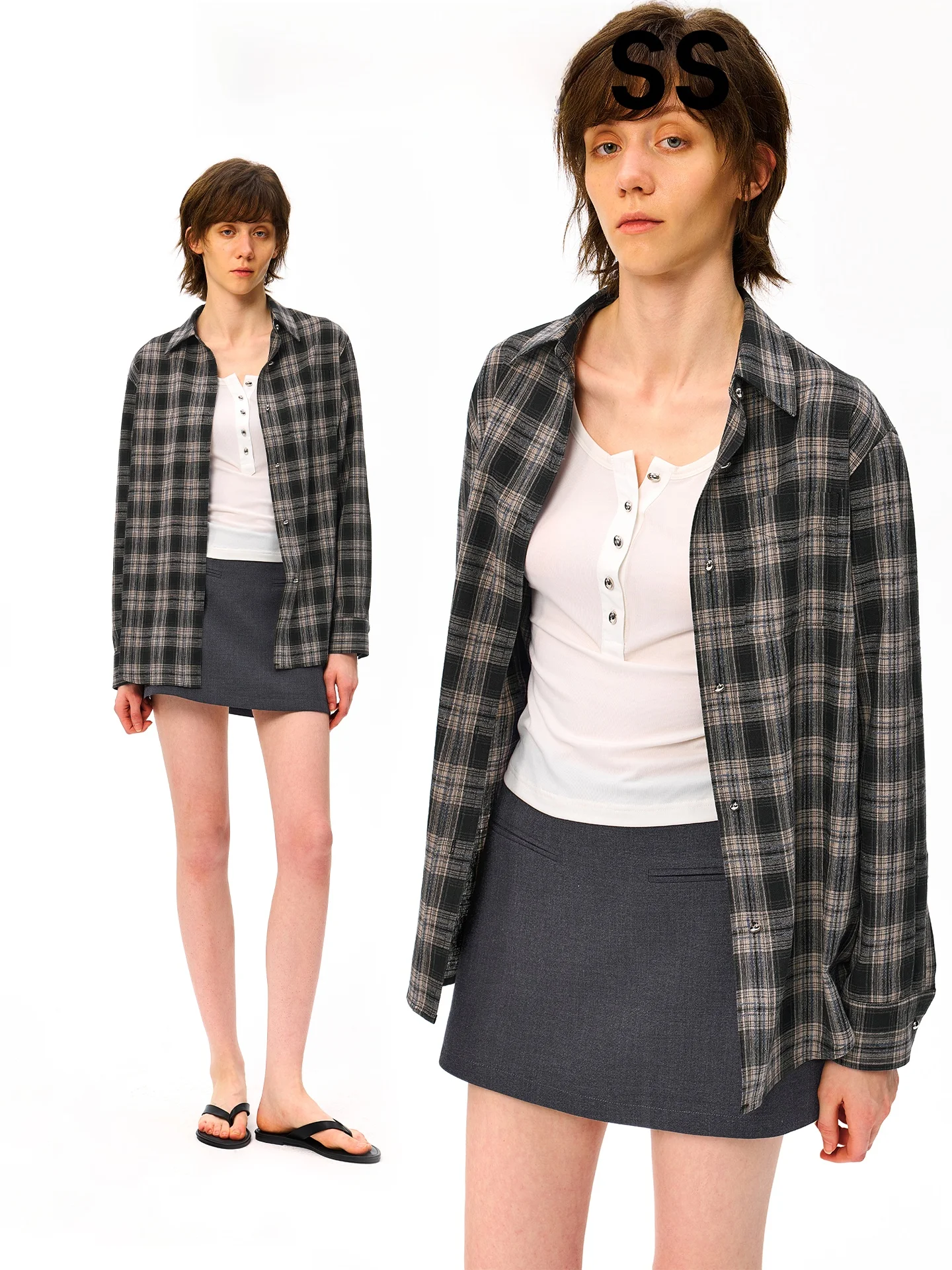 

Aiss Kiss Vintage Loose Knitted Long Sleeve Shirt Coat Women Pure Cotton Retro Style High Density Color Block Plaid Outerwear