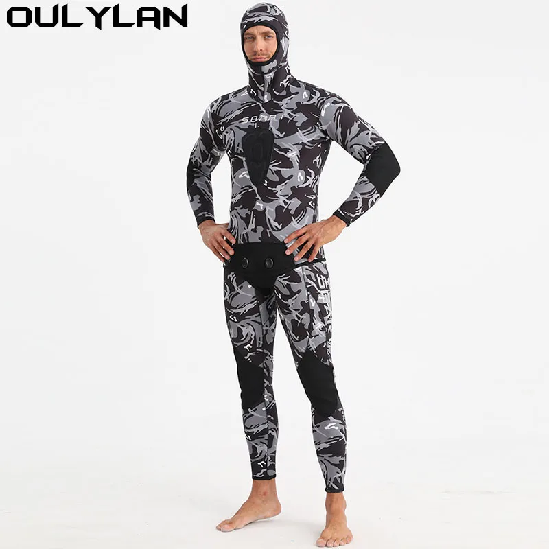 Oulylan 5mm Neoprene Camouflage Wetsuit Long Sleeve Fission Hooded 2 Pieces Scuba Diving Suit For Men Keep Warm Wet Suit