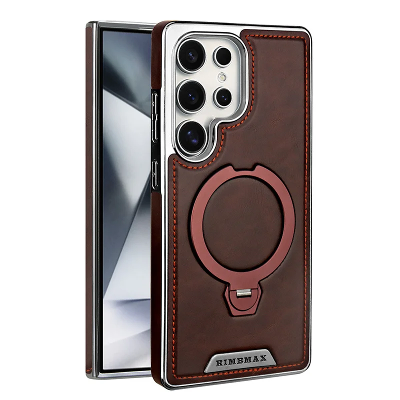 Magnetische draaibare houder luxe lederen hoes voor Samsung Galaxy S23 S24 S25 S26 Ultra Plus draadloos opladen schokbestendige hoes