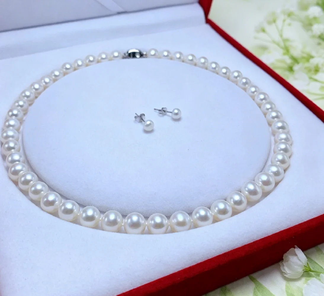 

Elegant necklace AAAA8-9mm natural round pearl necklace 18in+earrings/925 s - supports customized sizes