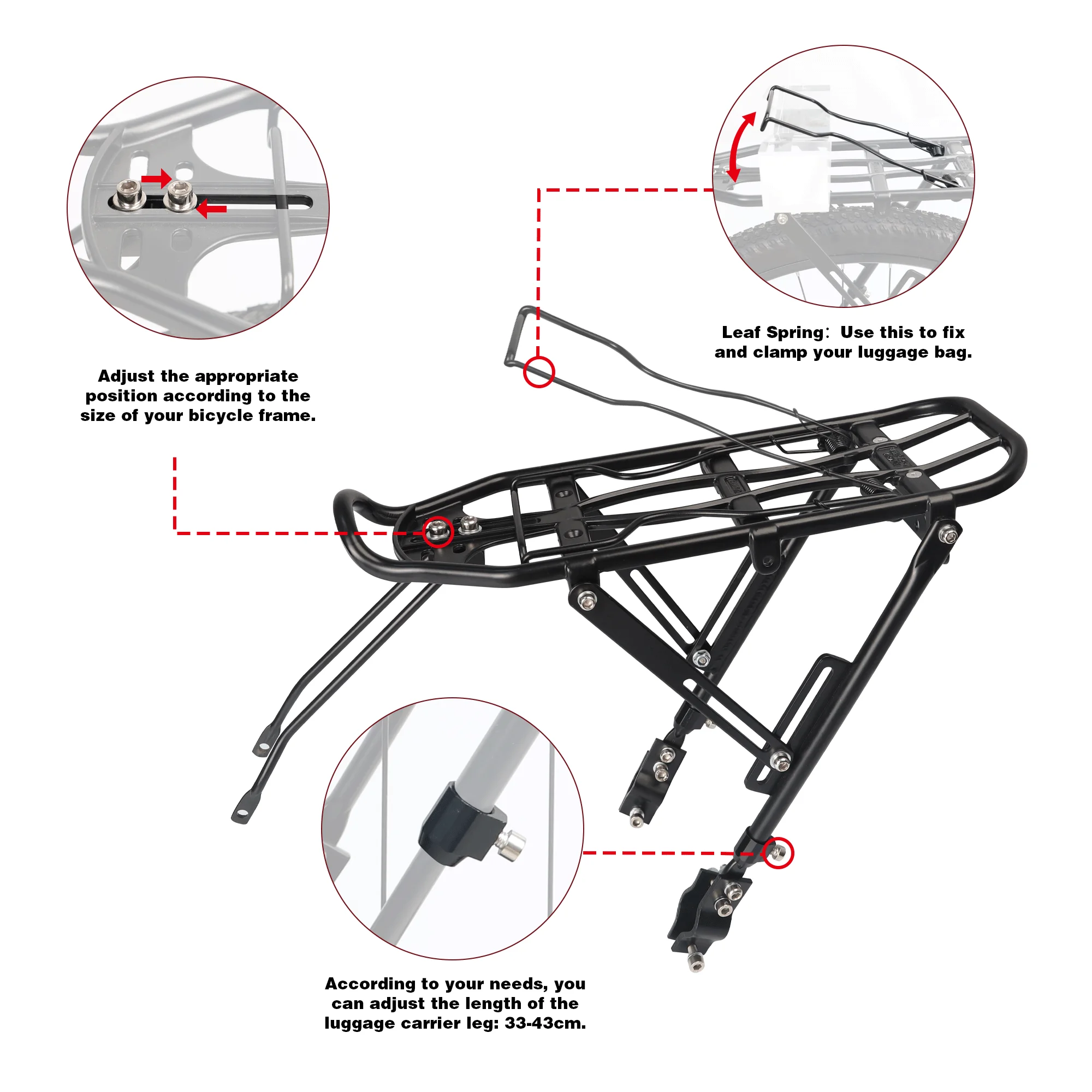 ZUKKARear Bike Rack Aluminum Alloy Bicycle Cargo Rack Adjustable for 24-28 inch Bike 55 lbs Capacity Easy to Install Black