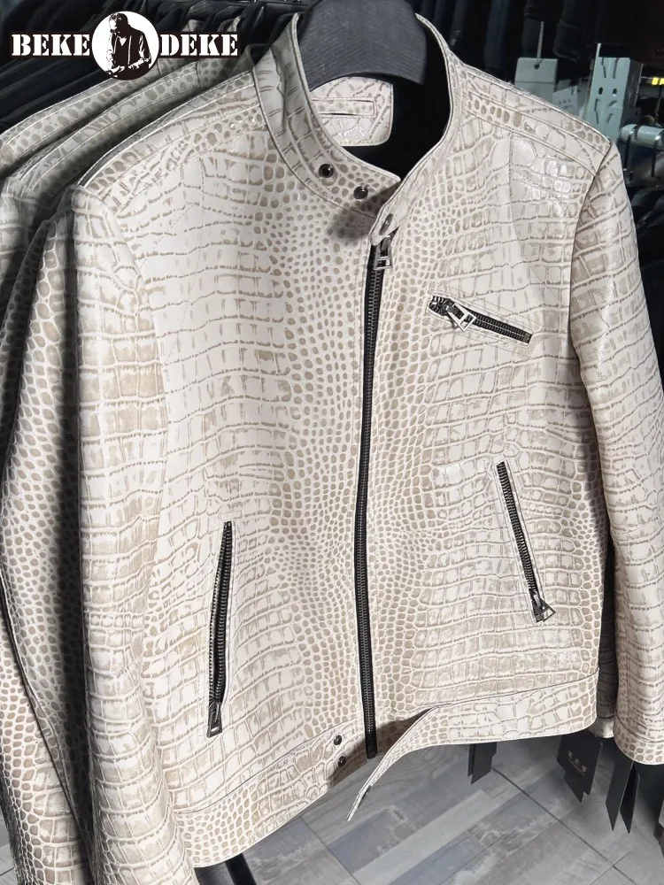 

Mens Stand Collar Genuine Leather Motorcycle Jacket Fashion Crocodile Pattern Goatskin Punk Casual Coat Spring Autumn Outerwear