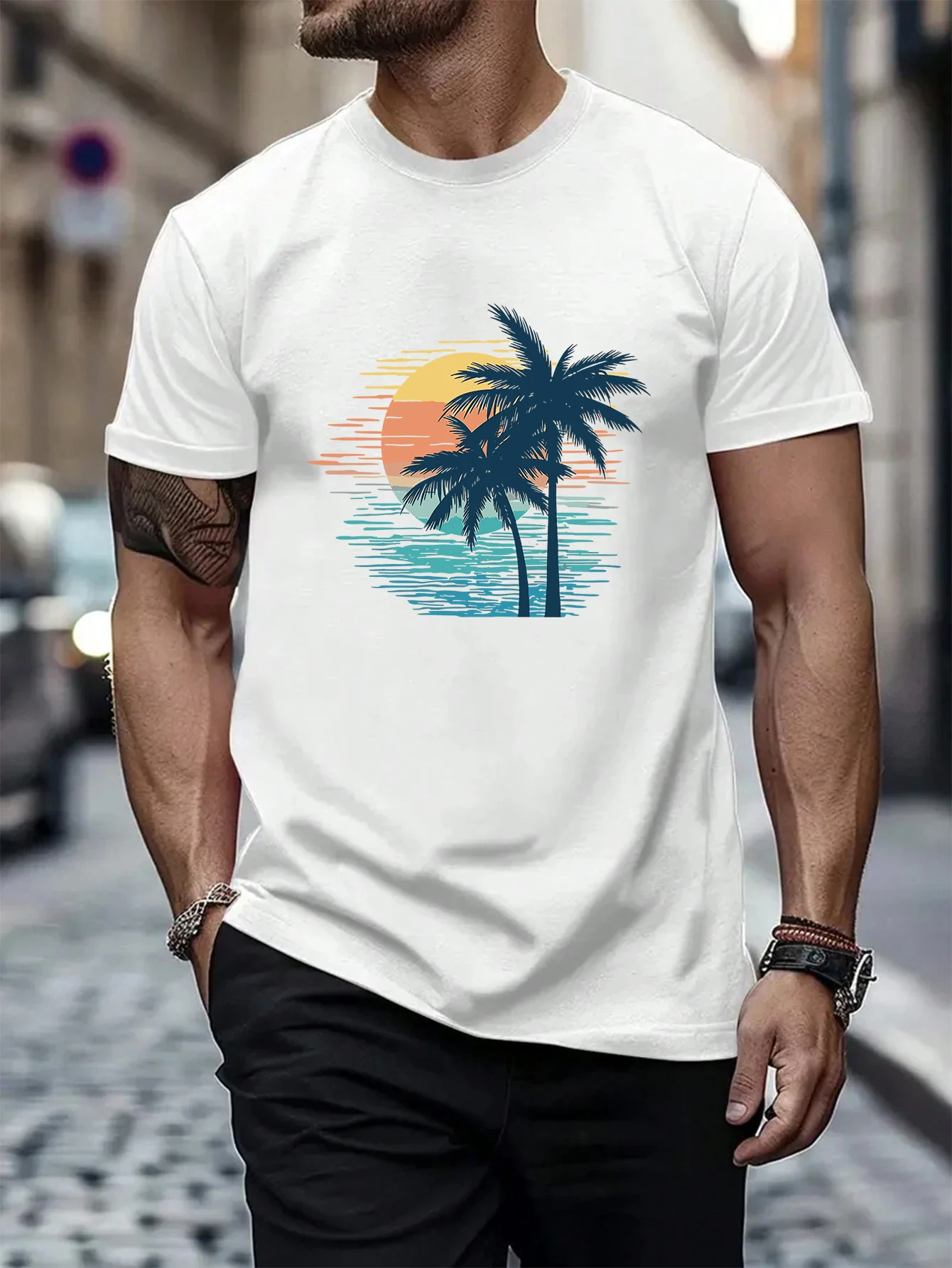 Sunset Coconut Tree Scene Prints Atmungsaktive Herren-T-Shirts mit Rundhalsausschnitt aus Baumwolle, Streetwear, lässiges All-Match-Top, Sommer-Hip-Hop-T-Shirt