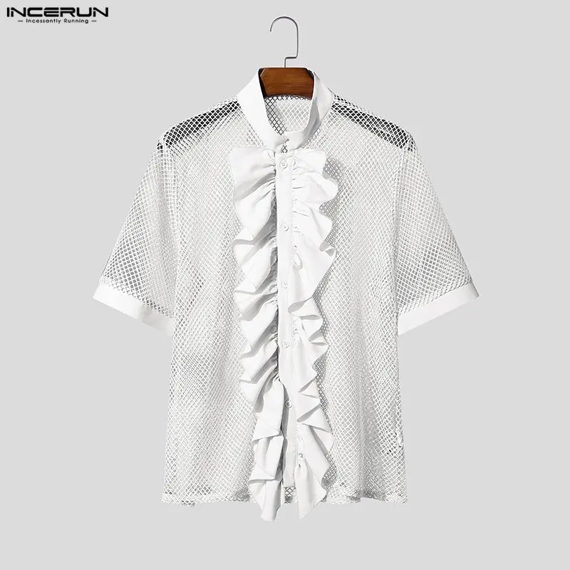INCERUN Men's Shirt Mesh Patchwork See Through Ruffle Men Clothes Short Sleeve Camisa Fashion Casual Tops Shirts For Man Summer