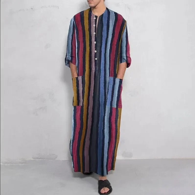 Eid Muslim Stripe Print Men Shirt Robe Loose Long Sleeved Middle East Dubai Saudi Arabian Kaftan Man Clothing Caftan Ramadan