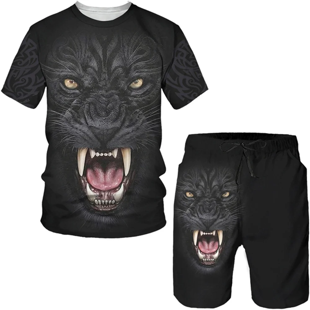 3D Wolf Print Sports Shorts Male Clothes Outfit Men's Sets Summer  Short Sleeve Tshirt Suit Fashion 2 Piece Men's Sets Tracksuit