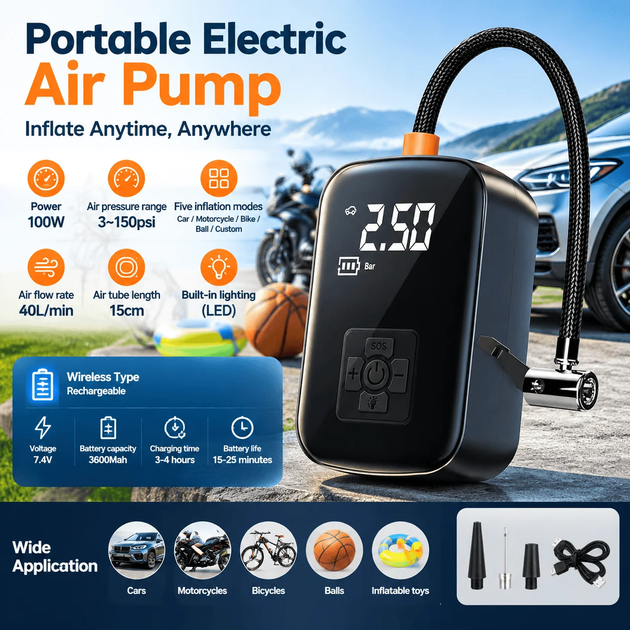 Portable Electric Tire Inflator with Digital LCD Display, Cordless Rechargeable Air Compressor Pump, Wireless Compact Tire Pump for Car Motorcycle Bicycle Boat Ball Inflation, Suitable for Garage Repair Road Trip Travel Emergency