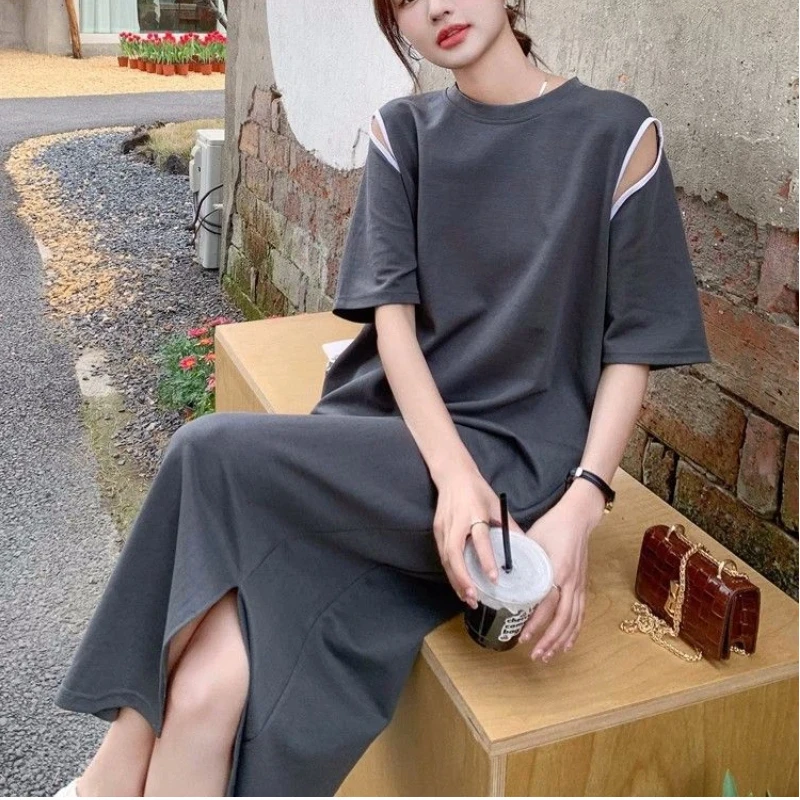 Trend Hollow Out Contrast Patchwork Lazy Style T Shirt Dress Women Clothing New Plus Size Fashion Dresses Korean Casual Summer