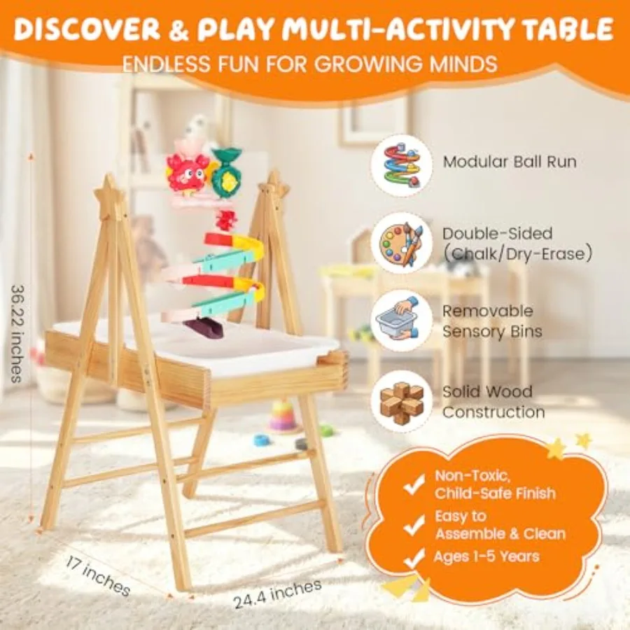 Wooden Sensory Activity Sand And Water Table For Toddlers Natural Wood With Blue Accents, Eco-Friendly Material, Multi-Function