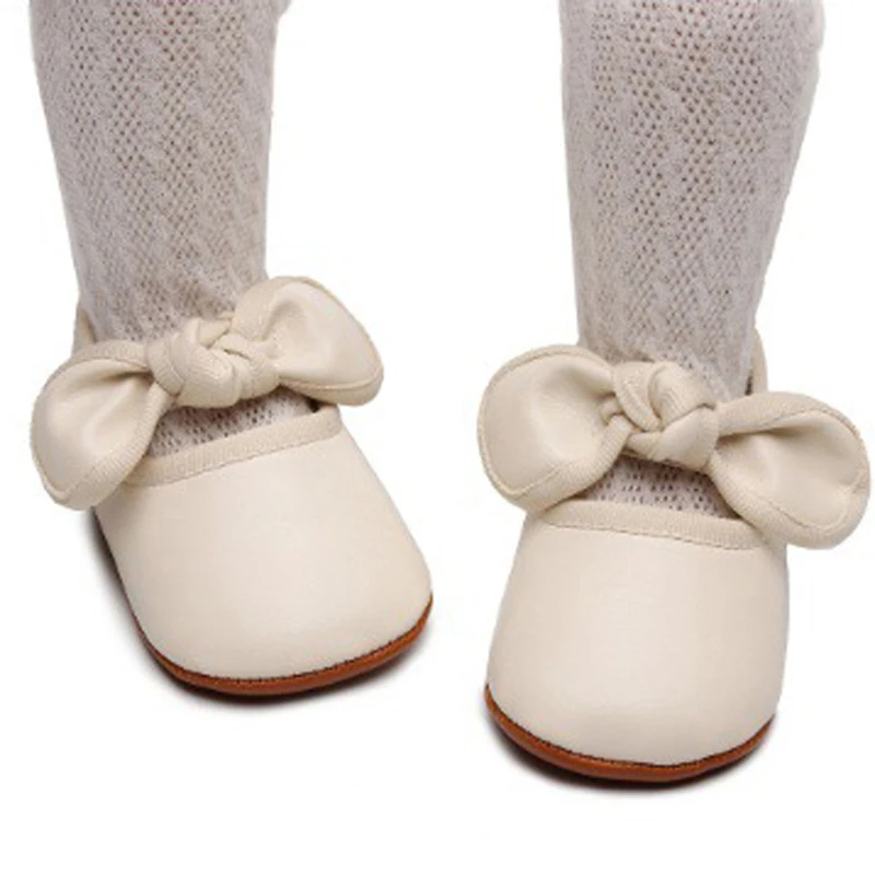 Baby Girl Princess Dress Shoes Faux Leather Bowknot Mary Jane Flats Crib Shoes with Non-Slip Rubber Sole