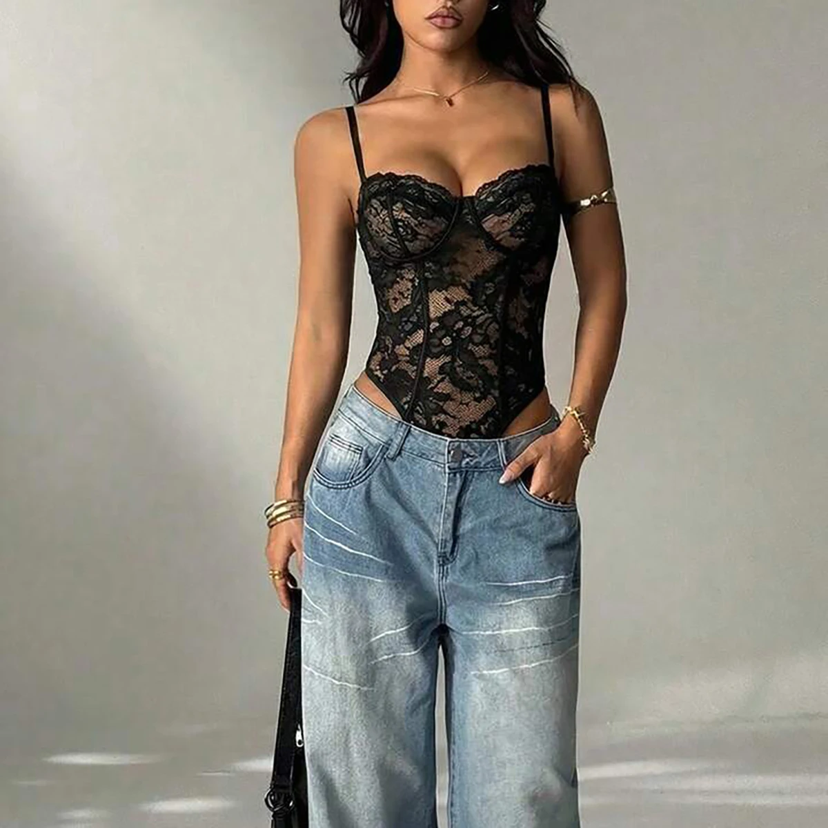 Damen Sexy Spitzen-Bodysuit mit Spaghetti-Trägern, Figurbetont, Club-Party-Outfit – Detail 5