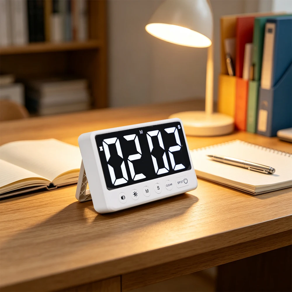 This 1-piece electronic timer features countdown and forward counting modes, four volume levels, three brightness levels, a red