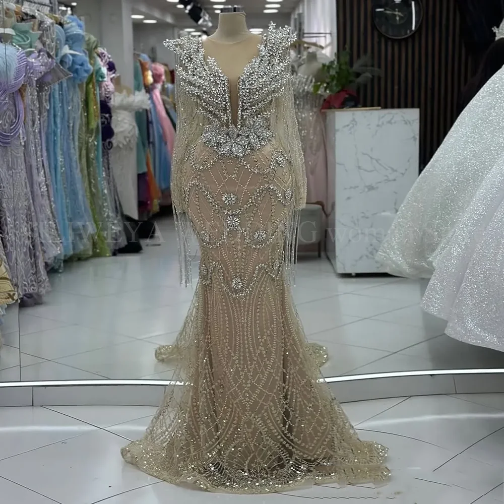 

Champagne Illusion Mermaid Prom Dresses Luxurious Rhinestones Evening Formal Party Gowns For Special Occasions Custom Made