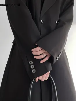 Mauroicardi Men's Fitted Black Luxury Trench Coat 3 Mauroicardi Spring Autumn Long Fitted Black Trench Coat for Men Shoulder Pads Peaked Lapel Double Breasted Luxury Chic Overcoat 3