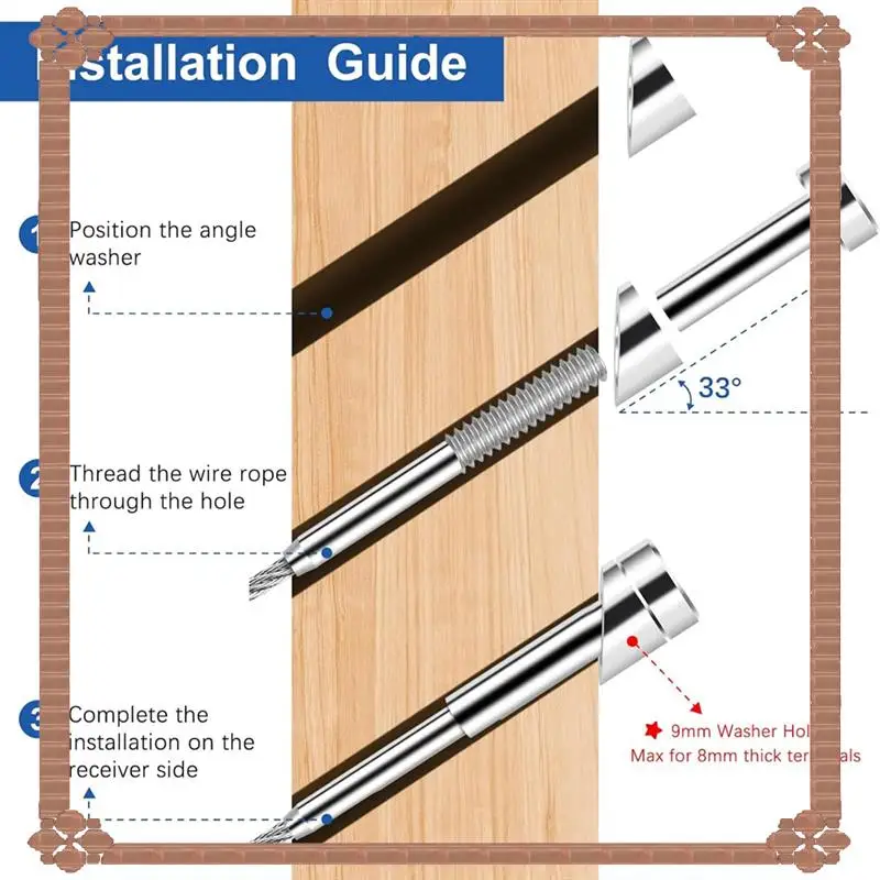 

24-часовая доставка 33 ° Угловые шайбы скошенной формы 9 мм, для комплекта оборудования для кабельных перил 8 мм, для лестничной террасы, металла, дерева, алюминия, концевые стойки