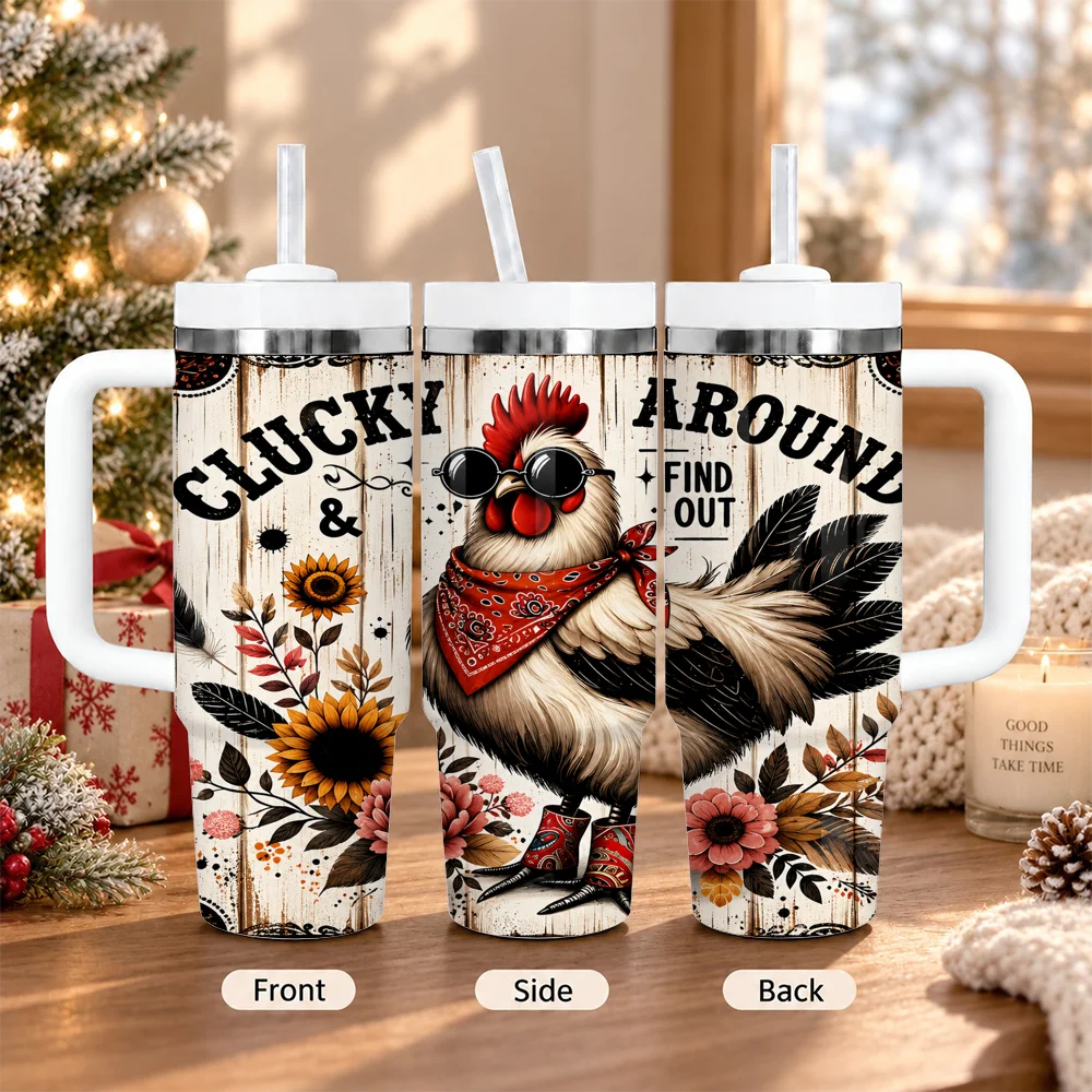 Cluck and Find Out Vacuum Flasks 40oz Insulated Stainless Steel Tumbler with Handle & Straw, Hot Cold Gift Cup