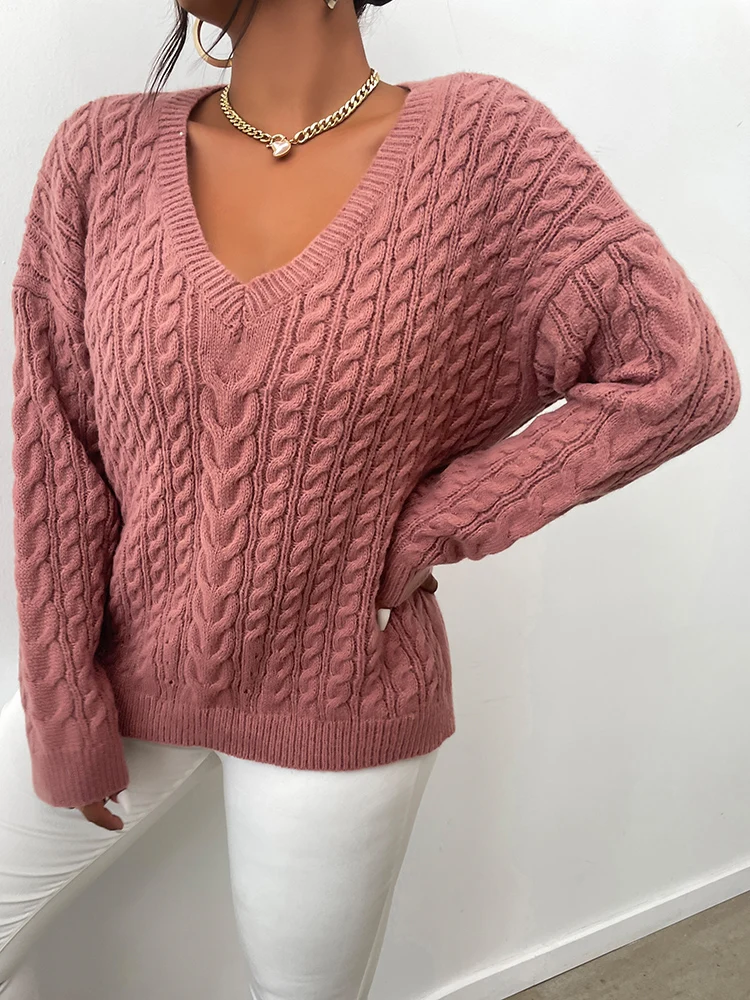 ONELINK Plus Size Women\'s Pullover Sweater Pink Sexy V Neck Cable Knitting Pattern Long Sleeve Stitching Top