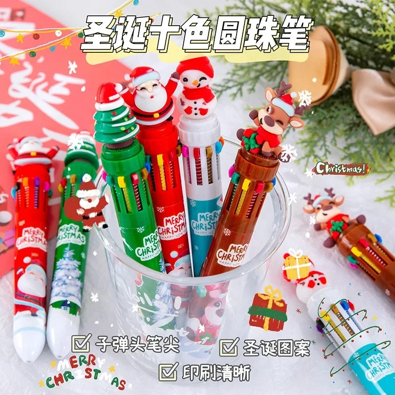 12Pcs Christmas cute creative ten-color pen ballpoint pen, press-action student gift multi-color pen office supplies