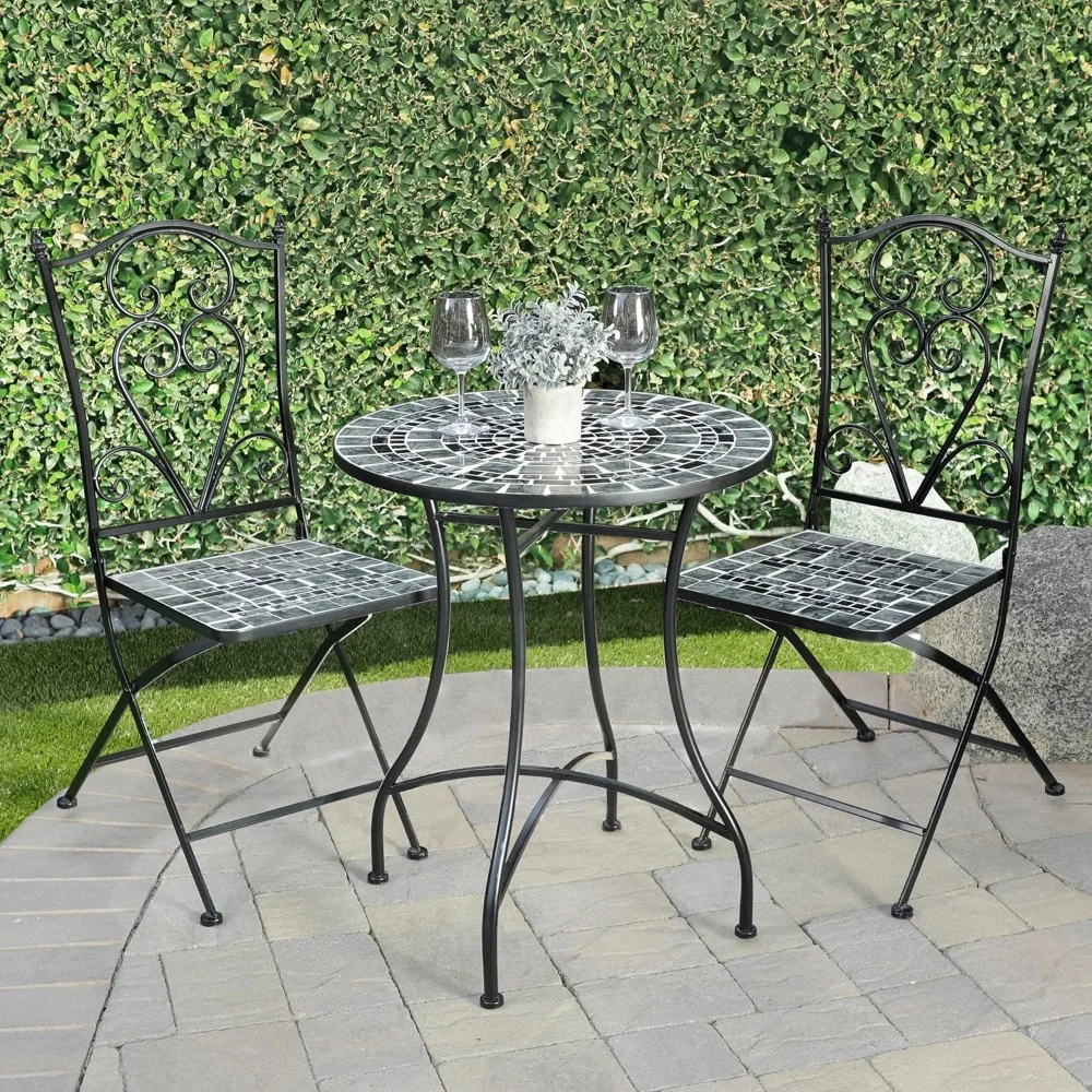 

Indoor/Outdoor Marbled Glass Mosaic 3-Piece Bistro Set Folding Table and Chairs Patio Seating Outdoor Furniture