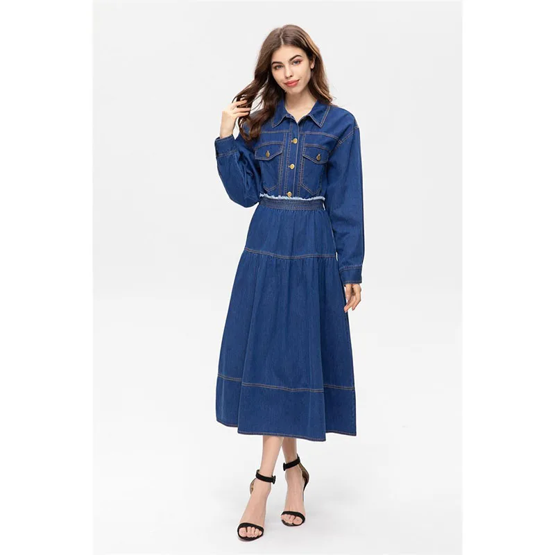 Women Suits 2023 High Quality Runway Turn-down Collar Long Sleeves Denim Coat +Skirt Two-piece Jeans Clothing Sets NP1903Y