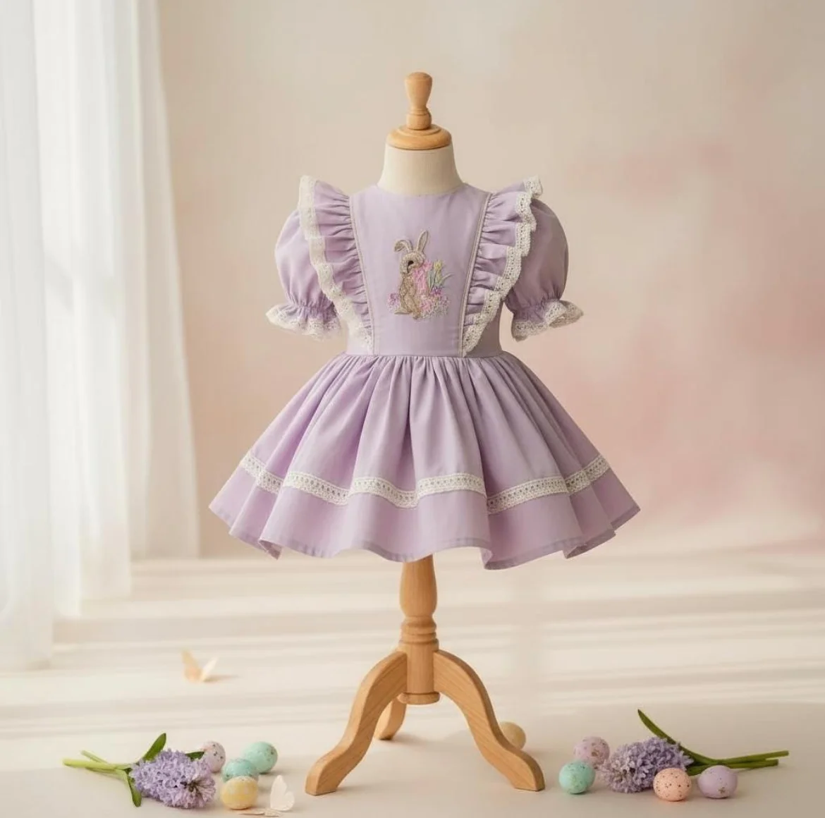Girls Summer Light Purple Vintage Princess Dress with Cute Rabbit Embroidery Design for Easter Birthday Holiday Photography B590