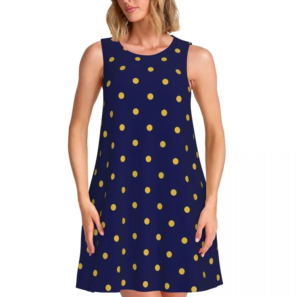 Vestido sin mangas azul marino y dorado con lunares, vestido de playa sin mangas, vestido de moda coreana con cuello redondo para mujer, ropa estampada de verano.