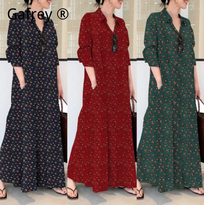 

Льняное платье-рубашка с принтом для женщин больших размеров, с отложным воротником, на пуговицах, с накладными карманами, свободного кроя, повседневное, летнее