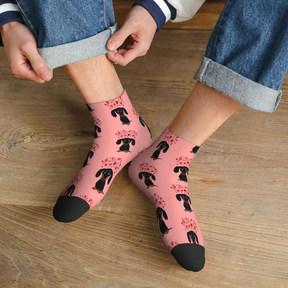 Black And Tan Dachshund With Valentine Hearts Cute Cartoon Wiener Dog Ankle Socks Male Mens Women Spring Stockings Printed