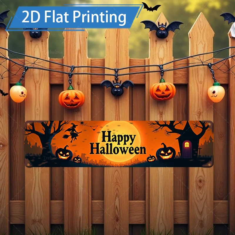 1pc Metal Sign, 4x16inch Halloween Flat Printing Metal Sign, Happy Halloween Pumpkin Bat Scene Decor