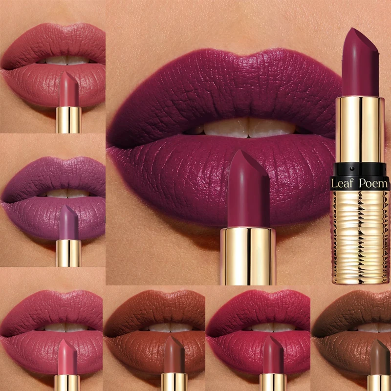Gold Tube Matte Lipstick Velvet Red Plum Lip Cream Long Lasting Waterproof Smooth Easy To Apply Rich Color Lip Makeup