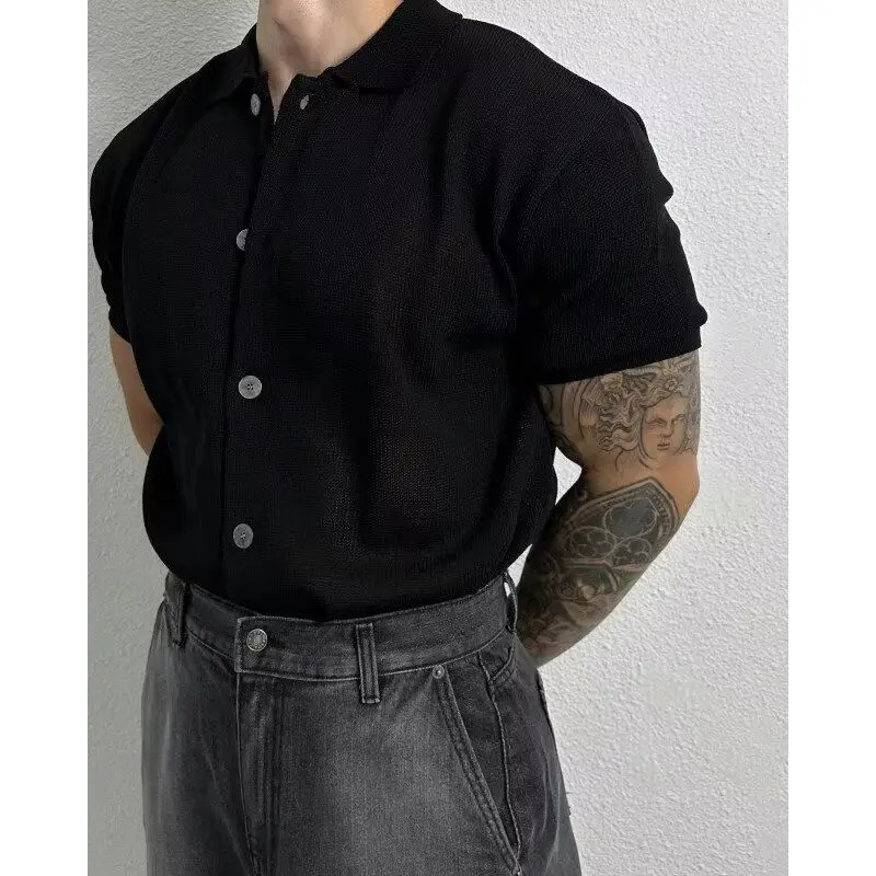 Summer New Men Clothing Short Sleeve Knitted Polo Shirt for Men Solid Color Niche Casual Slim Fit Lapel Button Men T Shirt