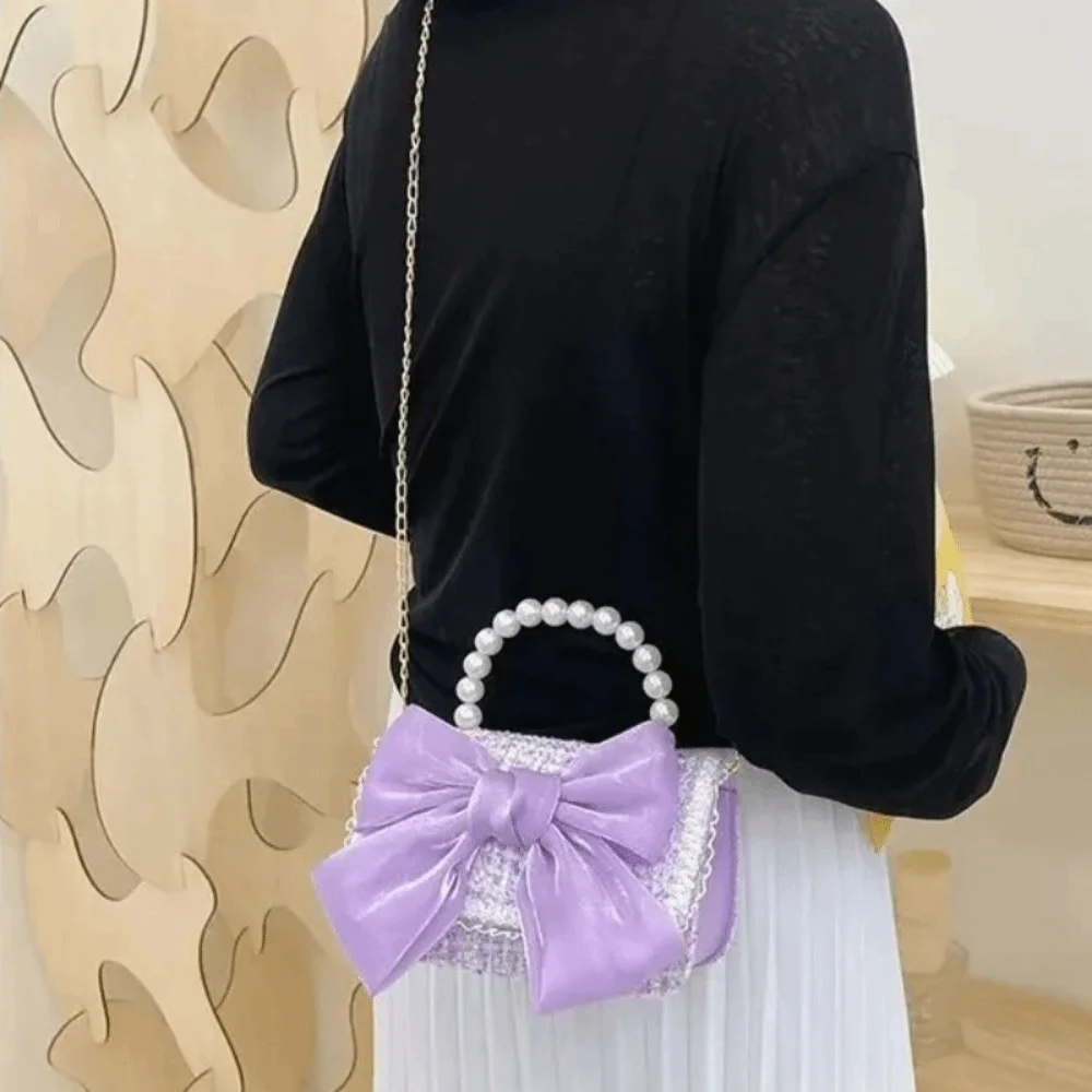 Elegant Synthetic Leather Princess Bag Pearl Decorated Handheld Pearl Handbag Crossbody Bag Girl