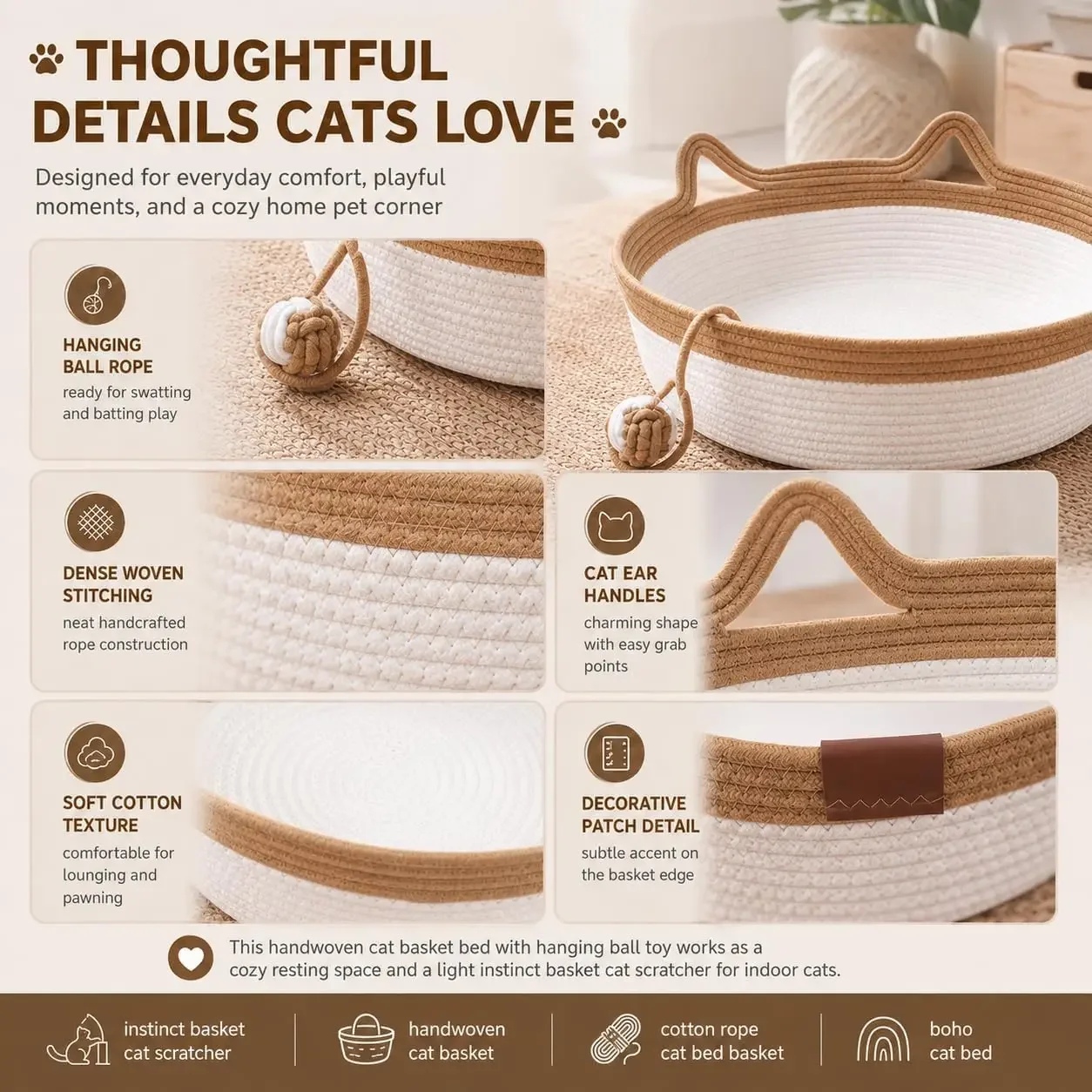 Cat Instinct Basket - Hand-woven Cotton Rope Fun Bed, Equipped with a Toy Tail, Suitable for Scratching and Interactive Pet