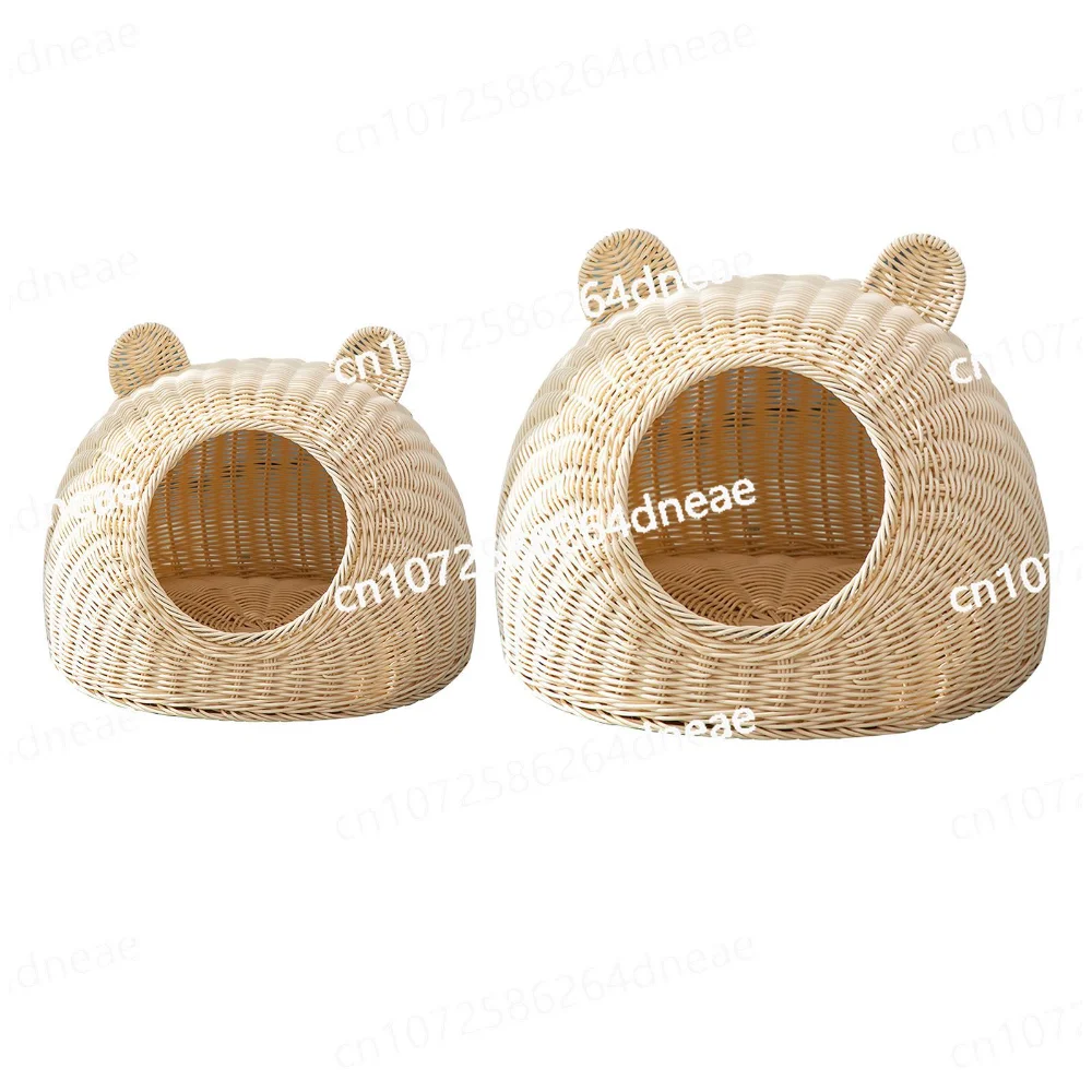 Kitty Interactive Solid Rattan Cat Bed Round Indoor Nest Cat Shaped Hideaway