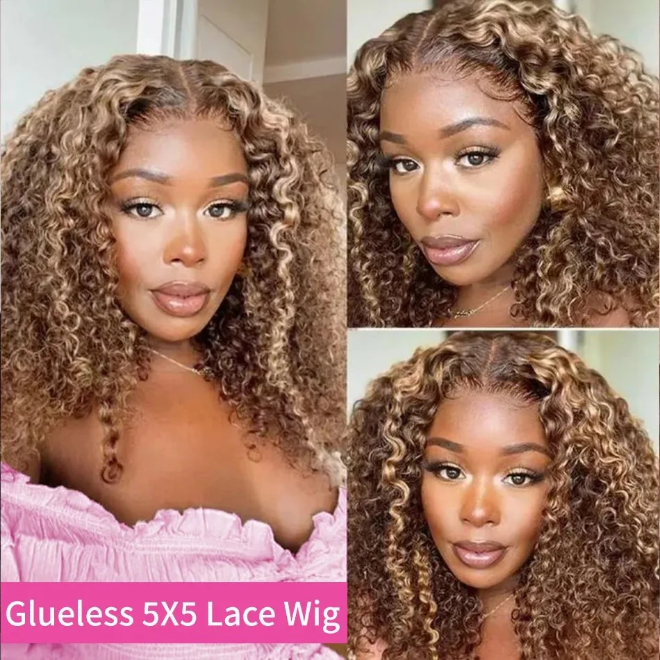Curly Short Bob Wig Human Hair Glueless Highlight 4/27 5X5 Hd Lace Closure Wig Lace Frontal Wigs Deep Wave Pre Plucked Wigs 16In view 2